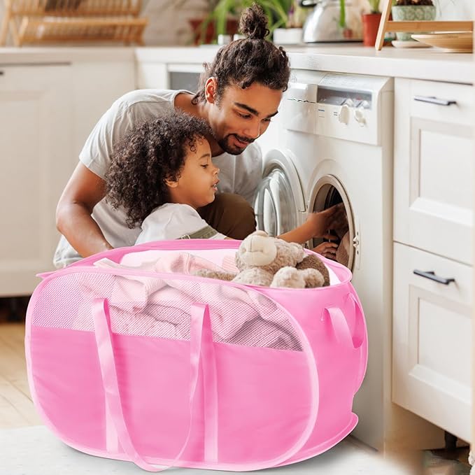 100L Collapsible Laundry Baskets, Tear Proof Pop Up Laundry Hamper with Dual Handles, Large Foldable Laundry Basket, Easy to Carry Laundry Hamper for Home, Laundry Room, Bedroom, Dorm, Travel Pink