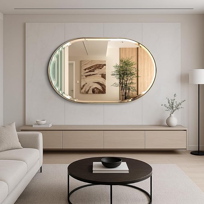 POZINO Gold Oval Mirror, Brass Beveled Mirror with Stainless Steel Frame, 28"x48" Large Rounded Rectangle Mirrors for Over Sink, Modern Oblong Vanity Wall Mirrors for Bathroom Bedroom Living Room