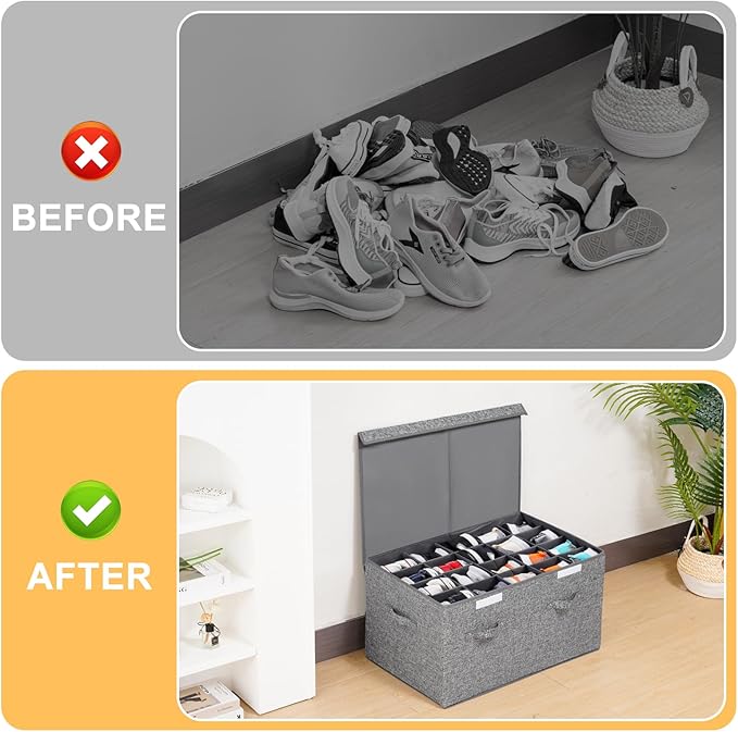 Shoe Storage Organizer for Closet Fits 20 Pairs, Large Shoe Storage Box Bins Containers with Lid and Adjustable Dividers for Shoes, Sneakers and High Heeled, Hard Shell and Stackable (Grey)
