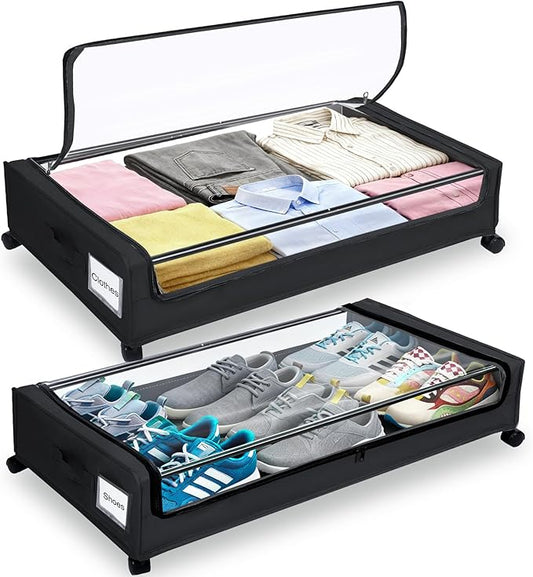 Under Bed Storage with Wheels, 2 Pack Under bed Storage Containers, XXL 60L Rolling Under Bed Drawers on wheels for Clothes, Shoes, Blankets in Bedroom, Dorm, Black