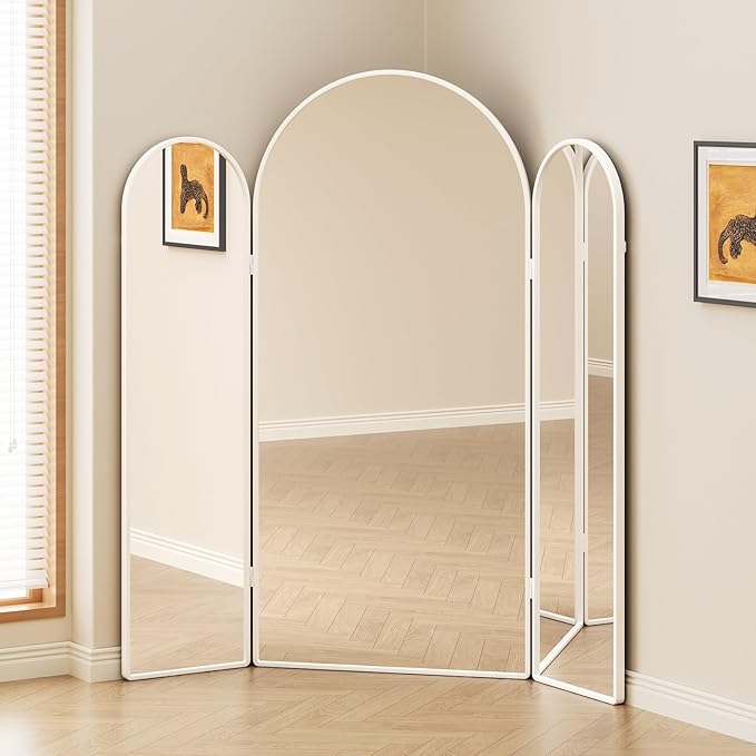 3 Way Arched Full Length Mirror Free Standing, 71"x 67" Large Modern Trifold Mirror, 3-in-1 Detachable Panel Tempered Glass & Metal Frame, for Dressing Room, Bridal Shop, Clothing Store (White)