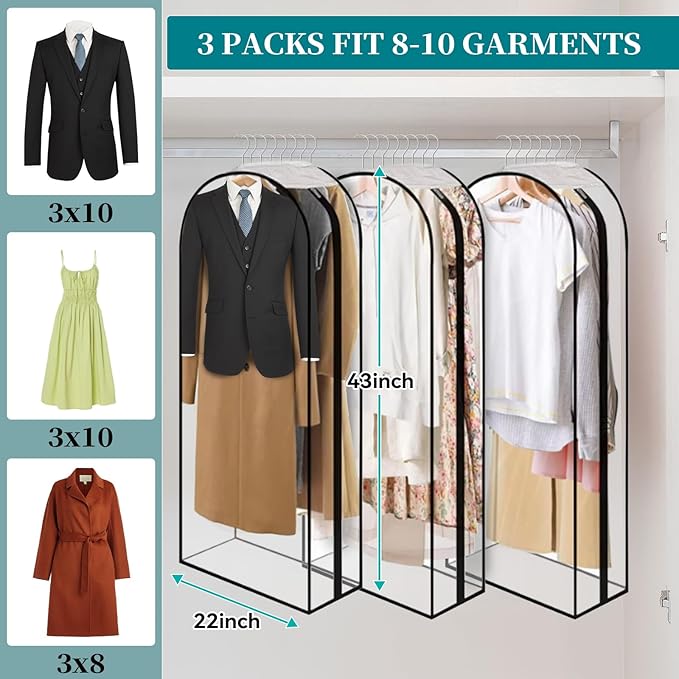 10” Gusseted Clear Garment Bags, 40” Hanging Suit Bags for Closet Storage - Protect Clothes, Suits, Coats, Dresses - 3 Pack (43 inch)