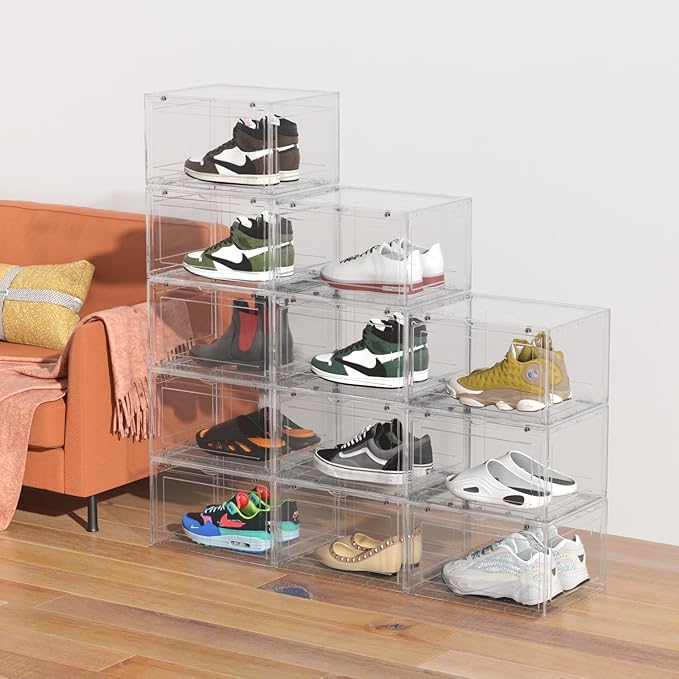 12 Packs Large Plastic Clear Shoe Boxes with Magnetic Door, Acrylic Display Case, Stackable Shoe Storage Organizer Container for Boot Sneaker