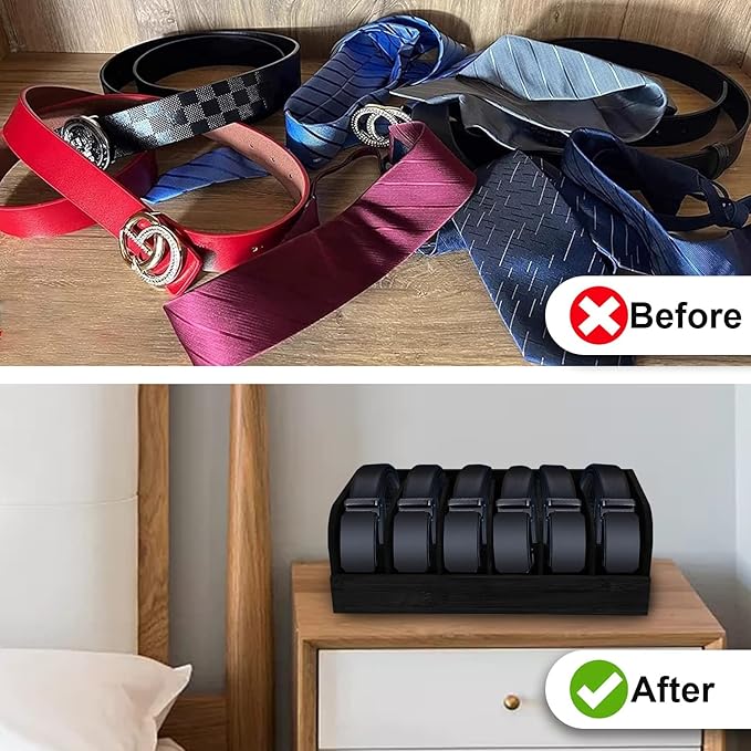 GTI Belt Organizer, 6 Compartments Belt Organizer for Closet and Drawer, Bamboo Display Case for Tie and Belt, Belt Storage Organizer for Men Women (Black)