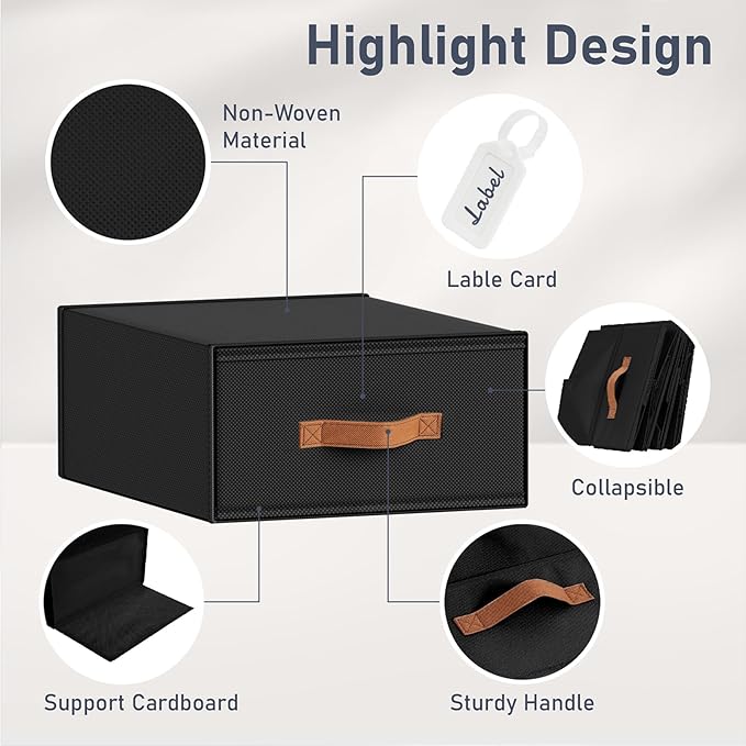 DIMJ Closet Organizers and Storage - Fabric Storage Bins with Drawers Stackable Closet Bins with Labels for Clothes, Sweaters, Bedding, Collapsible Storage Cubes for Bedroom, Living Room, Shelf