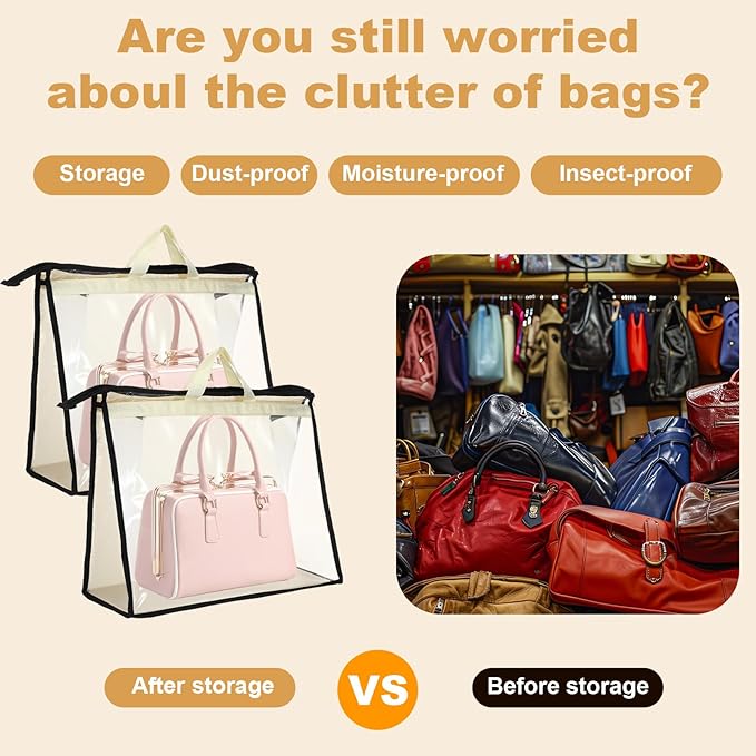 5 PCS Hanging Handbag Storage Organizer Non-Woven Transparent Dust-proof Homewares Purse Wallet Closet Storage Bag with Zipper and Handle (XL) ﻿