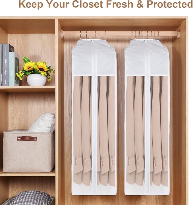 Kntiwiwo 32" Premium Cotton Garment Bag for Hanging Clothes, Breathable Suit Bags for Closet Storage with Extra Large 10" Gusseted & Clear Window, Dust Cover with Zipper for Short Clothes, 3 Pack