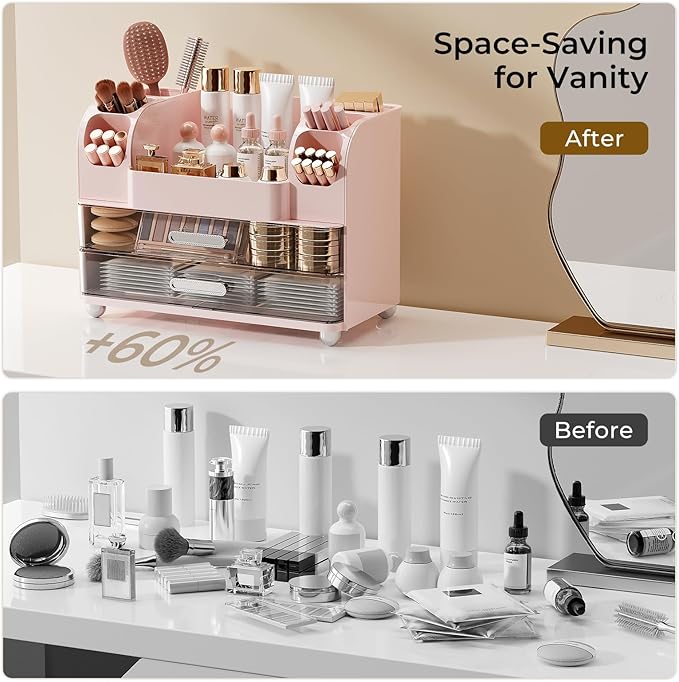 Makeup Organizer for Vanity with 2 Large Drawers, Cosmetic Display Case with Brush Holders, Easy to Storage for Bathroom Countertop Skincare, Desk Office Supplies, Pink