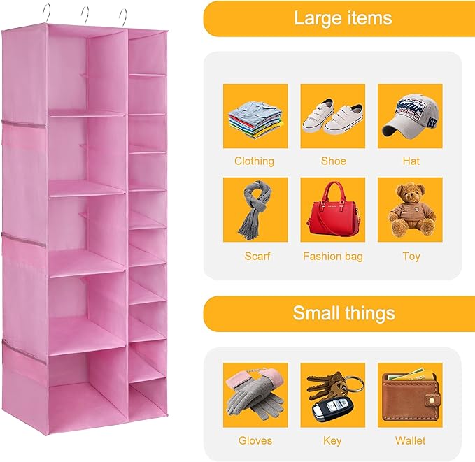 coastal rose Closet Organizers and Storage Shelves, 15 Sections Hanging Shoe Closet Storage Organizer, Space-Saving Shoe Rack Holder Hanger, Pink