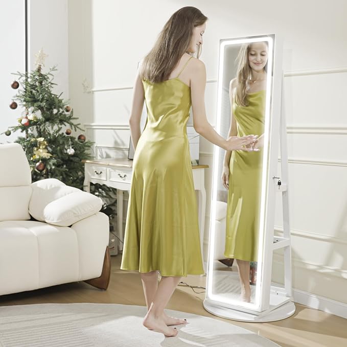 LED Mirror Jewelry Cabinet Standing, Swivel Jewelry Armoire with Full Length LED Mirror and Adjustable Lights, Lockable Standing Jewelry Storage Organizer, White