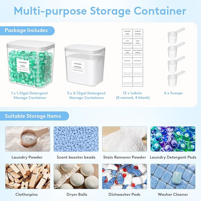 Lifewit Laundry Pods Container with Pop-up Lid, Detergent Dispenser, Dryer Sheet Holder, Laundry Room Organization Storage Jars for Washing Powder, Soap, Scent Booster Beads,0.72+1.2gal, 5 Pcs