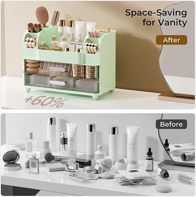 Makeup Organizer for Vanity with 2 Large Drawers, Cosmetic Display Case with Brush Holders, Easy to Storage for Bathroom Countertop Skincare, Desk Office Supplies, Green