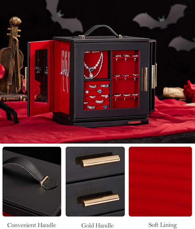 Homde Valentine's Day Gifts Jewelry Box 360° Rotating, Necklace Earring Organizer with Transparent Window, Mirror, 7 Drawers, Large Ring Display Storage Case for Girls Women (Black + Red)