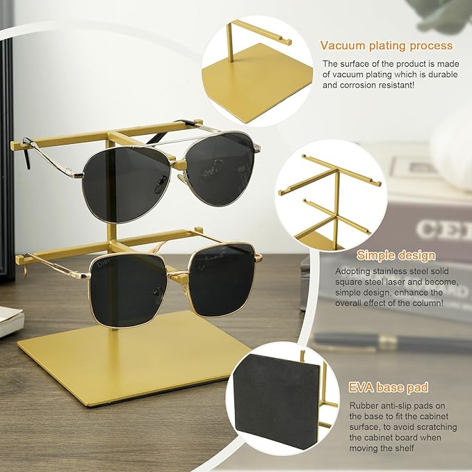 Sunglass Display Stand,Gold Double-Layer Glasses Stand, Carbon Steel countertop sunglass display stand,1-Pack,Suitable for Retail Stores and Home Use Eyeglass Rack(PATENTPENDING)