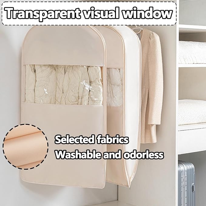 Space Saving Hanging Garment Bag with Self Compression Zipper，Dust Cover Clothes Bags for Down Coat,Dress,Suit，Closet Storage Organizer for Home Travel Use (Beige, L)