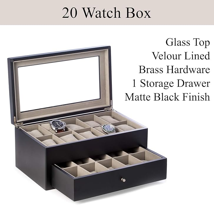 Bey-Berk Custom Personalized Watch Box Organizer - 20 Slot Luxury Solid Wood Designer Display, Large Watch Slots