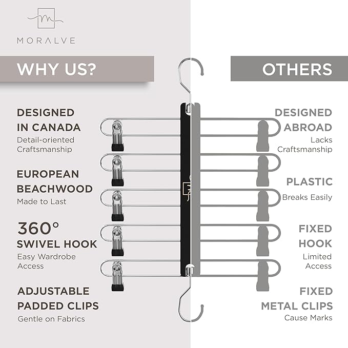 MORALVE Skirt Hangers Space Saving with Clips - 2 Pack - European Beechwood 5-Tier Hanger for Shorts, Skirts, and Pants - Closet Organizer and Storage Solution for Women with 360° Swivel Hook