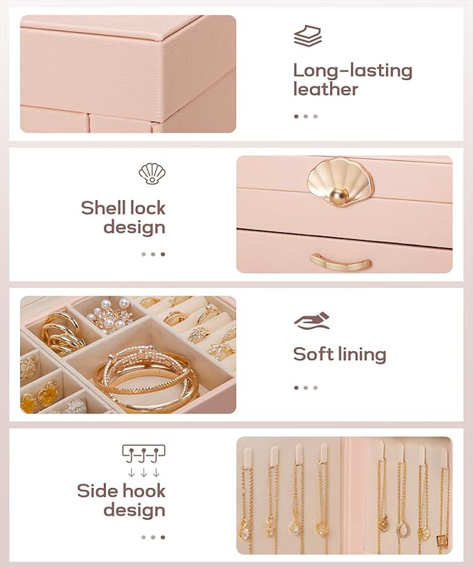 Jewelry Box with 4 Drawers : Display Organizer for Earrings Necklaces - Christmas Gifts for Girls Women (Peach Pink)