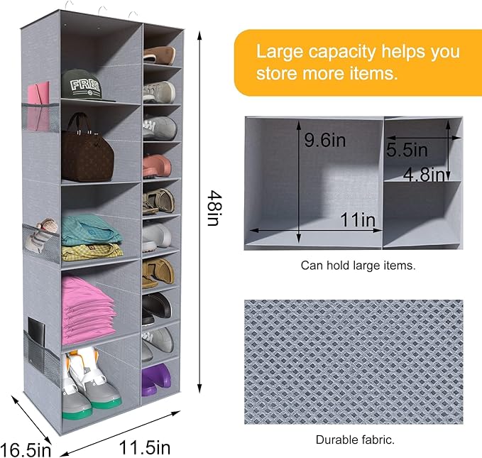 coastal rose Hanging Shoe Closet Storage Organizer, 15 Sections Closet Organizers and Storage Shelves Shoe Rack Holder Hanger, Grey