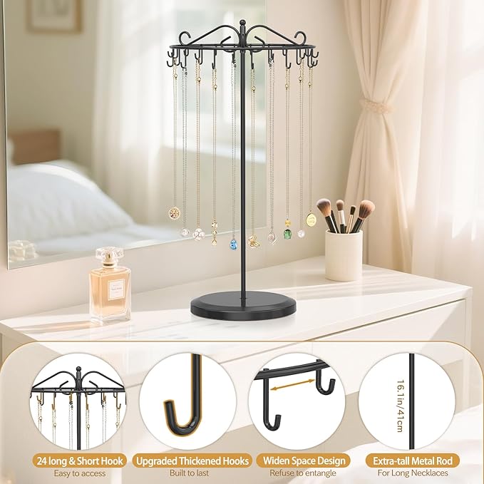 MODOWEY Necklace Holder Organizer Rotating Display, 24 Hooks Stand Adjustable Tree for Long Chain Storage, Tabletop Metal Hanger Rack for Men Women, No More Tangled Pendant Jewelry, Black