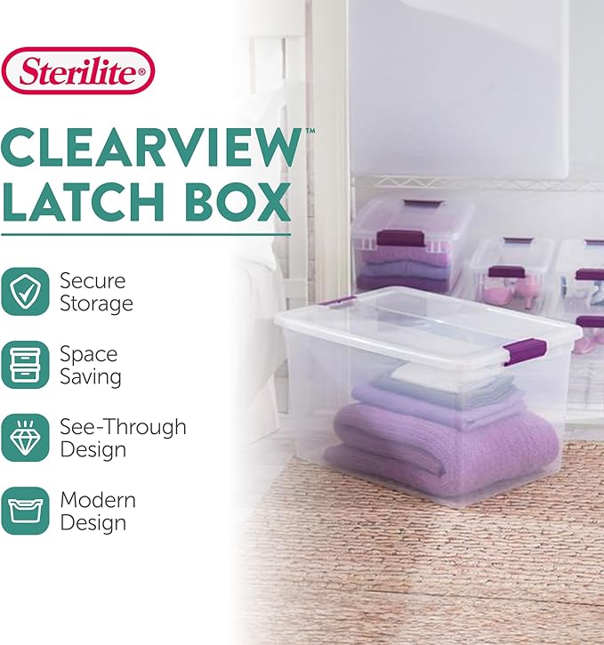 Sterilite 66 Qt ClearView Latch Storage Box, Stackable Bin with Latching Lid, Plastic Container to Organize Clothes in Closet, Clear Base, Lid, (Pack of 6)