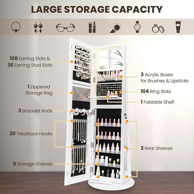 CHARMAID 360° Rotating Jewelry Armoire with LED Lighted Full Length Mirror & Built-in Vanity Mirror, Lockable Standing Jewelry Cabinet with Lights, Large Storage Organizer for Jewelry (White)