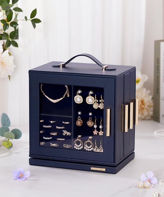 Homde Valentine's Day gifts Jewelry Box 360° Rotating, Necklace Earring Organizer with Transparent Window, Mirror, 7 Drawers, Large Ring Display Storage Case for Girls Women (Dark Blue)