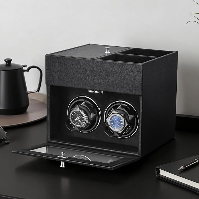 LLS Automatic Double Watch Winder with Storage Box, Japanese Quiet Motor, Adjustable Watch Pillows, Black PU Leather