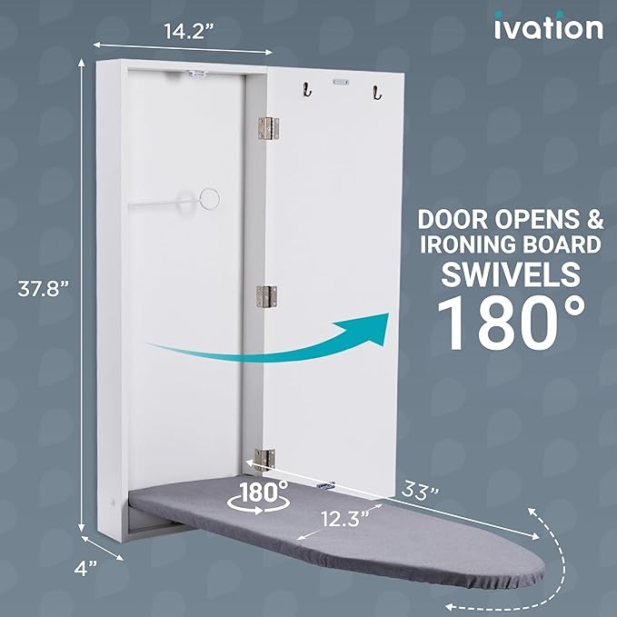 Ivation Wall-Mounted Swivel Ironing Board Cabinet, Foldable Ironing Storage Station for Home, Apartment, Easy-Release Lever, Garment Hooks, White