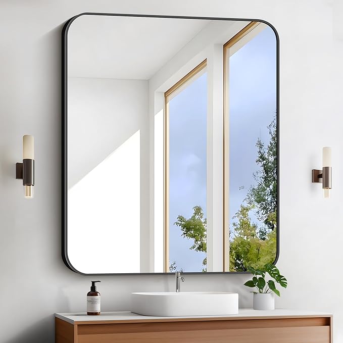 FORBATH Black Bathroom Mirror 40 x 48 Inch, Rectangular Vanity Mirror Wall Rounded Corner Metal Framed Bathroom Mirror for Living Room Bedroom Entryway Decor (Horizontal/Vertical)