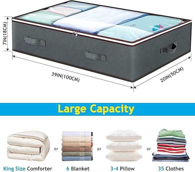 90L Under Bed Storage Containers, Underbed Toy Organizers and Clothing Storage Bags, Closet Storage Bins with Clear Lids for Bed Sheets Blanket Clothes Comforter Bedding Bedroom Dorm, 2 Pack