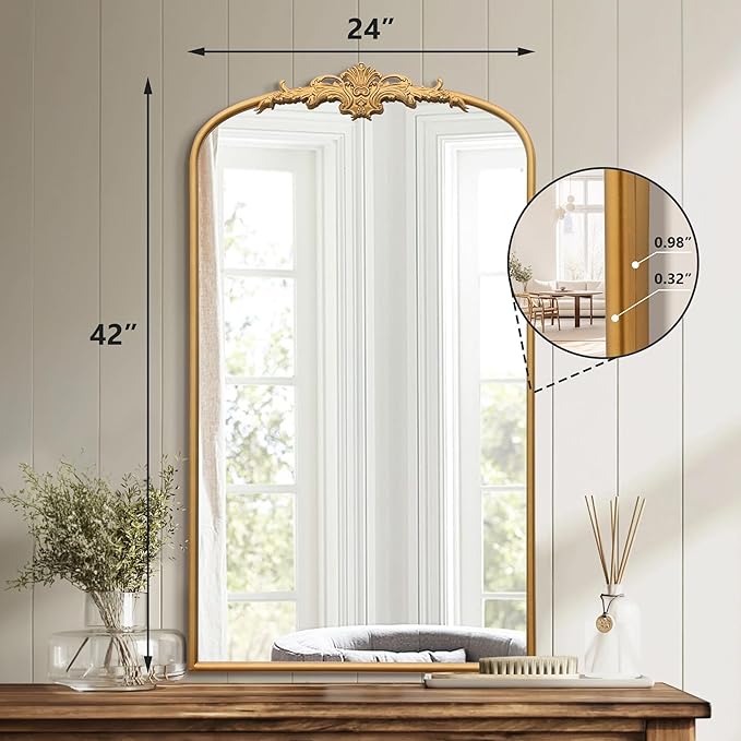 Besdomus Large Vintage Arched Mirror: 24"x42" Arch Gleaming Gold Antique Wall Mounted Mirror - Traditional Ornate Home Decor for Entryway/Fireplace/Bathroom - Idea for Trendy Fashionistas