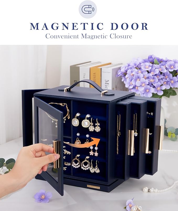 Homde Valentine's Day gifts Jewelry Box 360° Rotating, Necklace Earring Organizer with Transparent Window, Mirror, 7 Drawers, Large Ring Display Storage Case for Girls Women (Dark Blue)