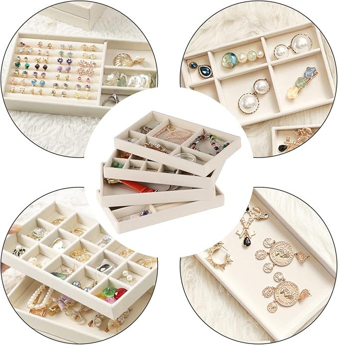 Jewelry Trays,Velvet Stackable Organizer Trays,Drawer Inserts Jewelry Display Case For Rings Stud Necklaces Earring Organizer Tray for Women Girls-8 Pack (Beige)