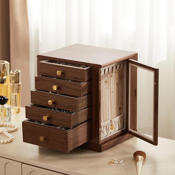 CHOSIN Black Walnut Wooden Jewelry Box, 360° Rotating Organizer with Glass Lid, 5 Drawers for Earrings, Rings, Necklaces – Vertical Jewelry Storage for Women Valentine's Day Gifts