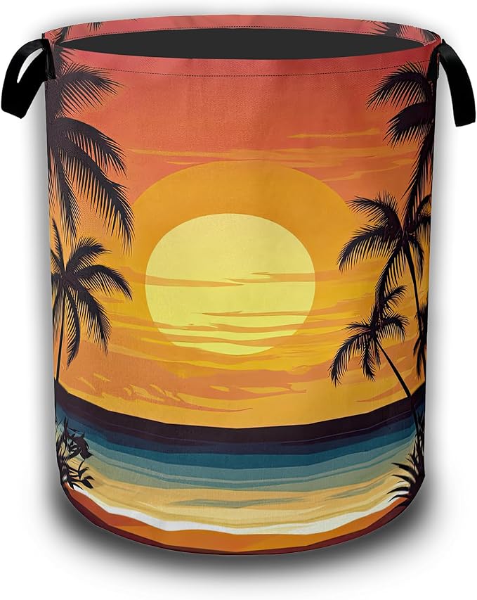 Tropical Palm Tree Sunset Beach Laundry Basket, Laundry Hamper Waterproof Oxford Cloth Tote Collapsible,Clothes Storage Bucket Decorative Toy Organizer For Bathroom Bedroom 16" x 20.8"