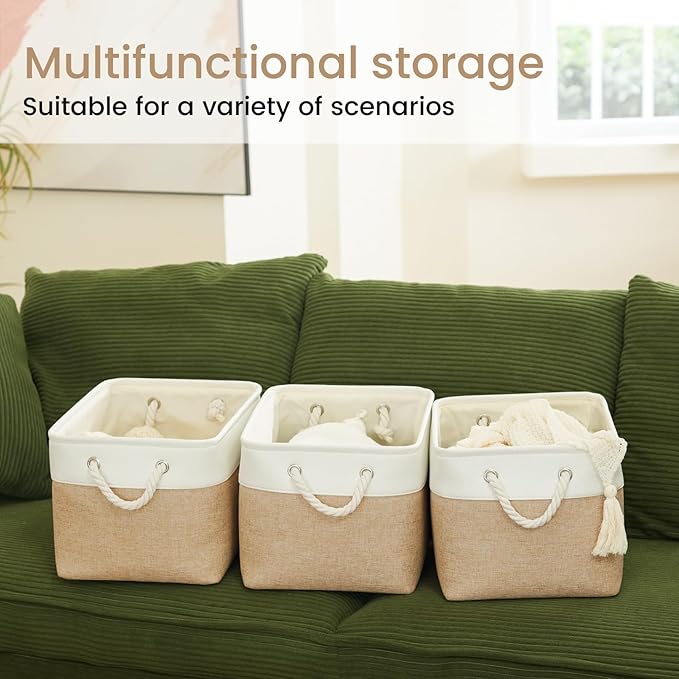 Large Storage Baskets- 15x11x10 inch Storage Bins for Shelves and Closet Organizing, Foldable Fabric Bin for Home Organization Clothes and Laundry (3-Pack, White&Khaki)