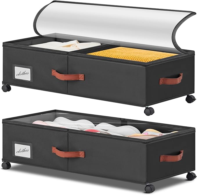 Under Bed Storage Containers with Wheels 9.5 inches Higher Under Bed Storage XXXL Underbed Shoes Blankets Clothes Storage Organizer 2 Pack Under the Bed Storage for College Dorms Bedroom Nursery Rooms