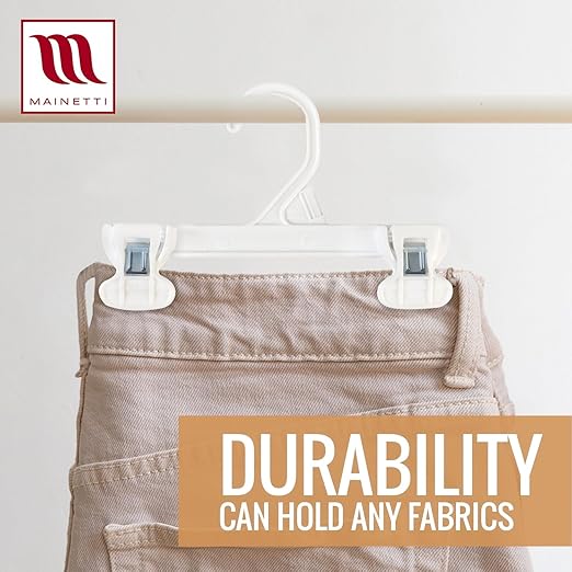 Mainetti 6108PWS50 White All Plastic Hangers - 50 Pack with Sturdy Plastic Non-Slip Clips, Great for Pants/Skirts/Slacks/Bottoms, 8 Inch