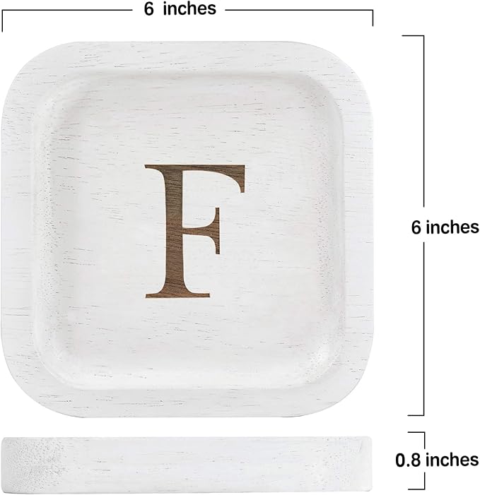 I'm Wooden Personalized Letter Catchall Valet Tray Trinket Dish Jewelry Tray Key Bowl Decorative Plate Organizing Ring Earrings Necklaces Bracelet Watch Coins Wallet Holder (6"x6" Sq White F)