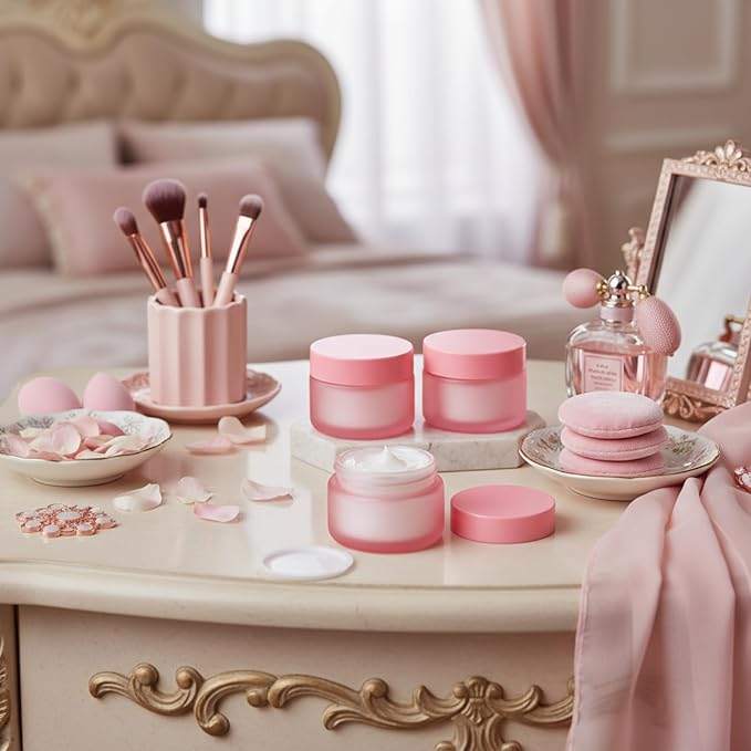 Domensi 100 Pcs 1 oz Glass Jars with Lids Bulk Round Glass Cosmetic Jars for DIY Lip Balm Small Travel Containers with Inner Liner for Lotions Powders Ointments Sample Cream(Pink,Pink)