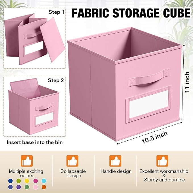 10 Pcs Fabric Storage Cubes with Labels 11 Inch Collapsible Cube Organizer Baskets with Window Cards for Shelf Nursery Clothes Book Toys Storage Bin(Candy)