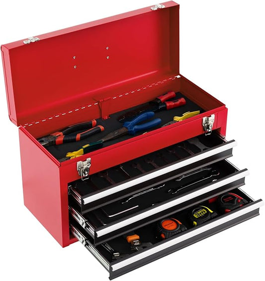 Portable Tool Box, 3-Drawer Tool Chest with Carry Handle, 2 Metal Latches & Liner, Metal Tool Box Storage Box Organizer for Garage, Warehouse & Repair Shop (Black+Red)