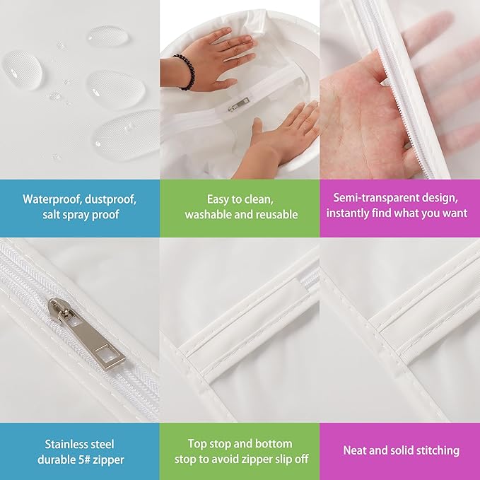 Dust Proof Clear Garment Bags 7 Piece Set - 40 Inch Translucent Suit Bags with Full-Length Zipper for Closet Clothes Storage and Travel | 4 Portable Travel Shoe Bags