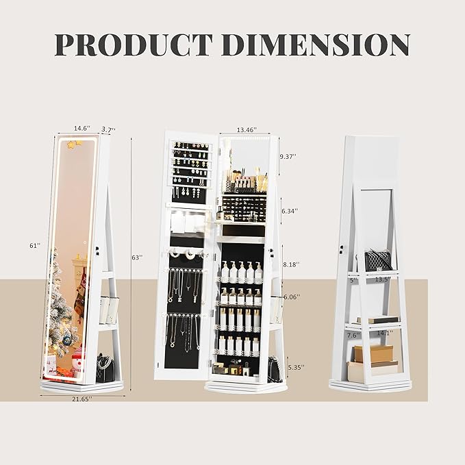LED Mirror Jewelry Cabinet Standing, Swivel Jewelry Armoire with Full Length LED Mirror and Adjustable Lights, Lockable Standing Jewelry Storage Organizer, White