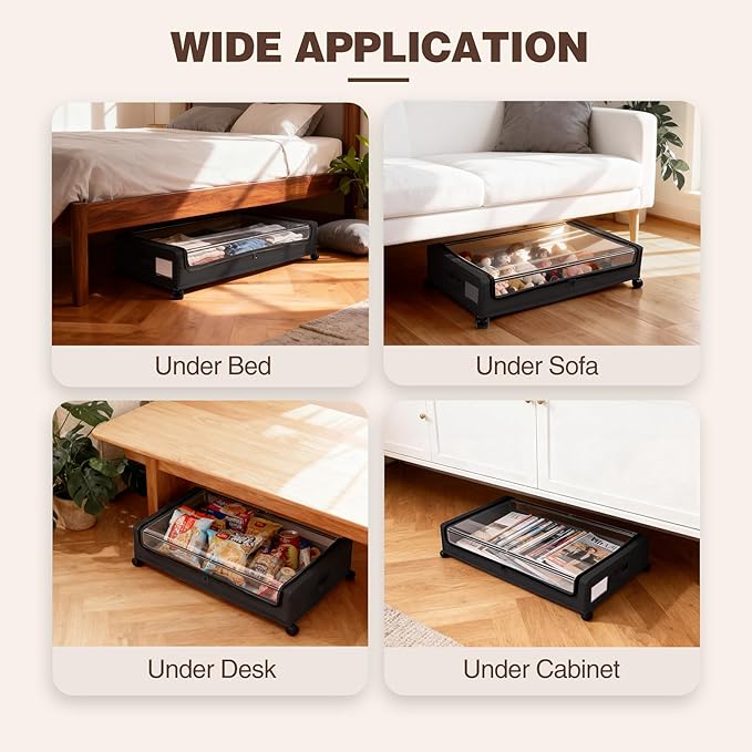 Under Bed Storage with Wheels, 2 Pack Under bed Storage Containers, XXL 60L Rolling Under Bed Drawers on wheels for Clothes, Shoes, Blankets in Bedroom, Dorm, Black