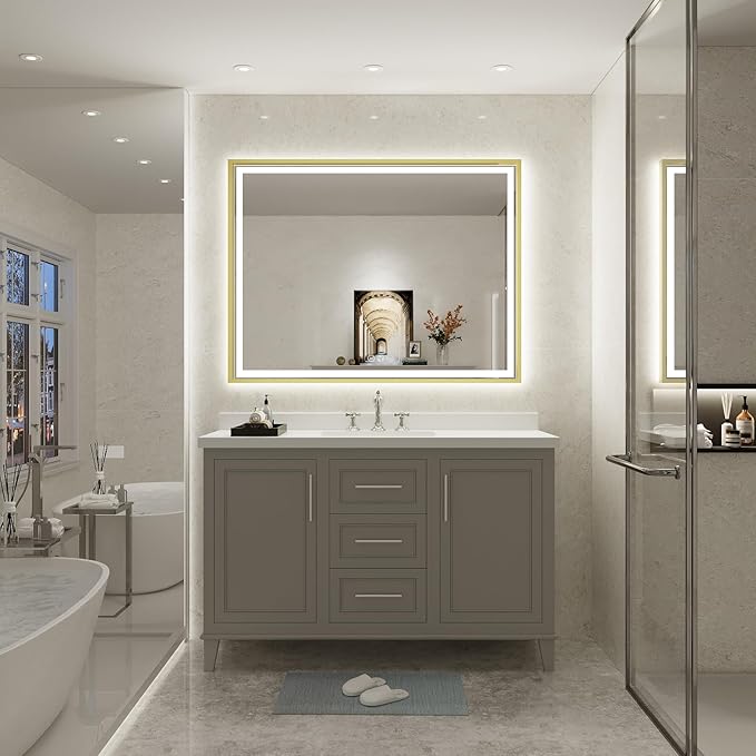 48X36 Inch Led Mirror for Bathroom with Front Light and Backlit,Gold Metal Frame Vanity Lighted Mirror for Wall,Double Lights Strips,Anti Fog Stepless 3 Colors Temperature & Dimmable