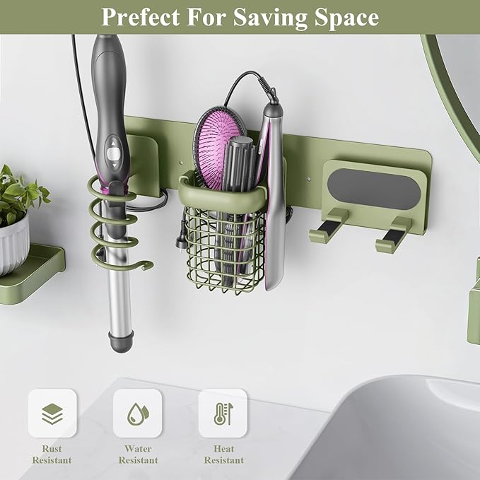 Tindbea Upgraded Aluminum Alloy Hair Dryer Holder Wall Mounted with Built-in Cord Wrap,3-in-1 Hair Tool Organizer for Blow Dryer, curling iron, and straightener, Green