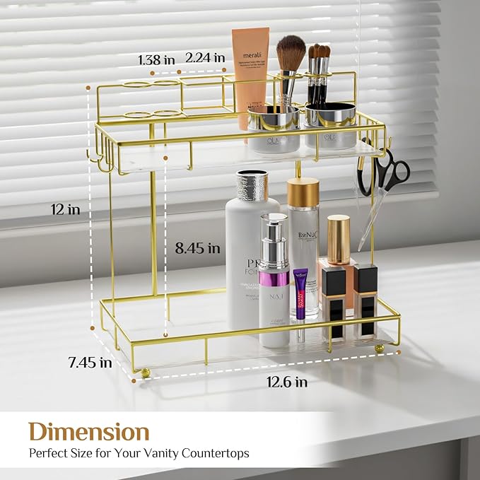2 Tier Golden Bathroom Organizer Countertop, Small Countertop Organizer for Bathroom Decor, Kitchen Counter Shelf for Spice Rack and Snack, Vanity Makeup Organizers and Storage Tray for Bedroom