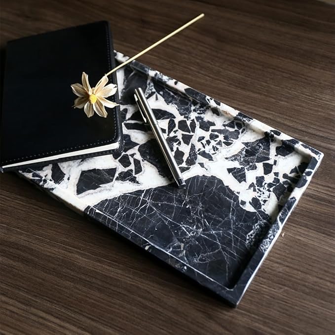 Real Luxurious Natural Marble Vanity Tray Genuine Marble Storage Tray for Home Decor Stone Tray for Bathroom/Kitchen/Vanity/Dresser,Plate Holder for Tissues, Candles, Towel